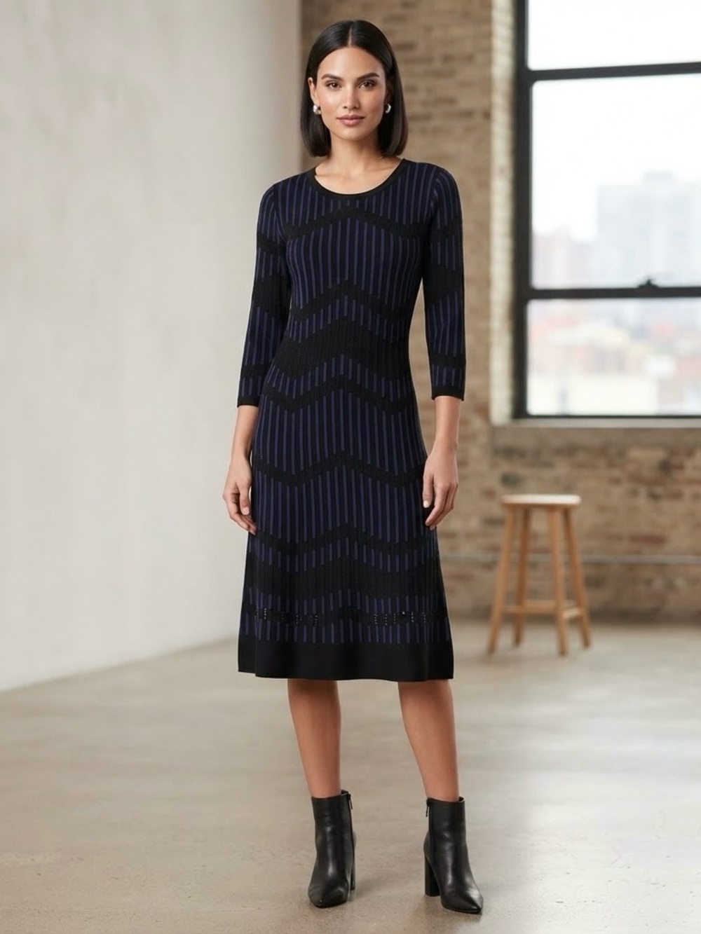 Black Blue Striped Knit Midi Sweater Dress Sz M  3/4 Sleeve Dark Academia Chic